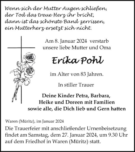 Traueranzeige von Erika Pohl von Müritz-Zeitung