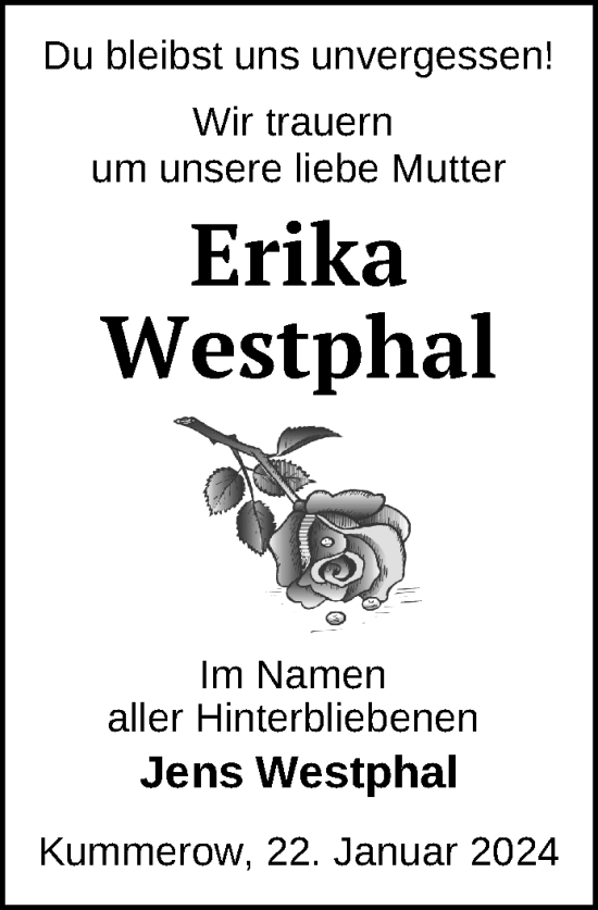 Traueranzeige von Erika Westphal von Nordkurier Mecklenburger Schweiz