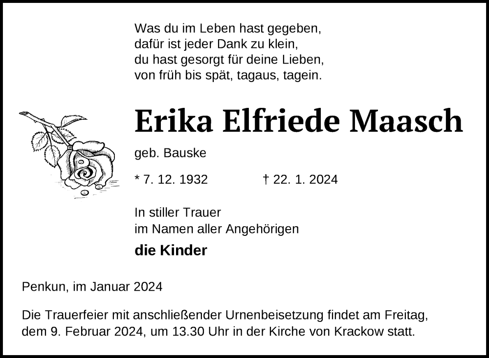  Traueranzeige für Erika Elfriede Maasch vom 26.01.2024 aus Nordkurier Pasewalker Zeitung