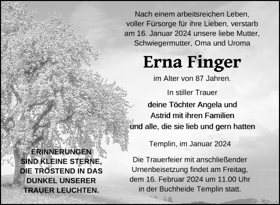 Traueranzeige von Erna Finger von Uckermark Kombination / Templiner Zeitung