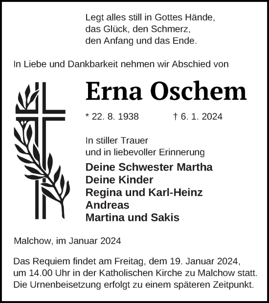 Traueranzeige von Erna Oschem von Müritz-Zeitung