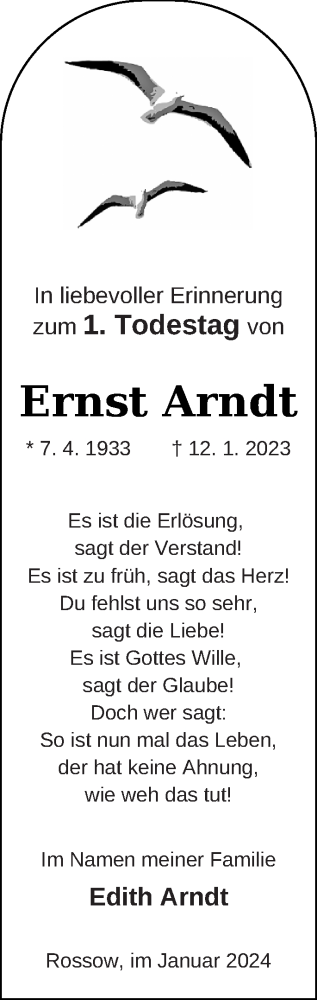 Traueranzeige von Ernst Arndt von Neubrandenburger Zeitung