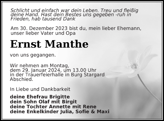 Traueranzeige von Ernst Manthe von Neubrandenburger Zeitung