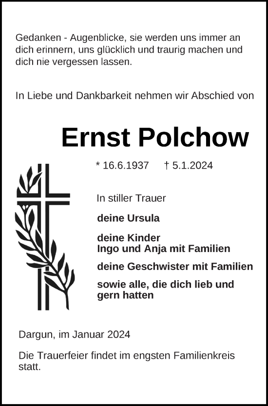 Traueranzeige von Ernst Polchow von Mecklenburger Schweiz