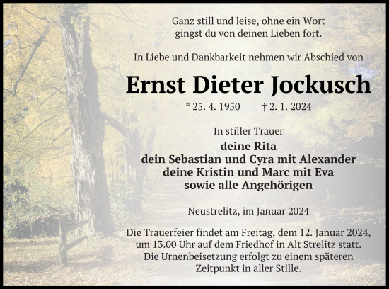 Traueranzeige von Ernst Dieter Jockusch von Strelitzer Zeitung