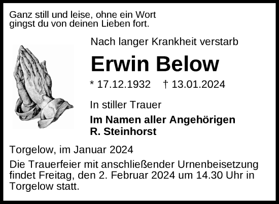 Traueranzeige von Erwin Below von Nordkurier Haff-Zeitung