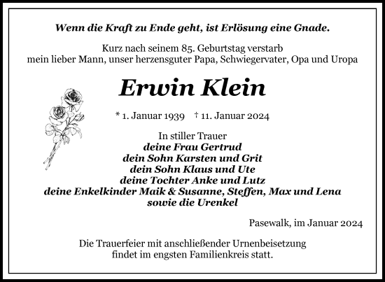 Traueranzeige von Erwin Klein von  Pasewalker Zeitung