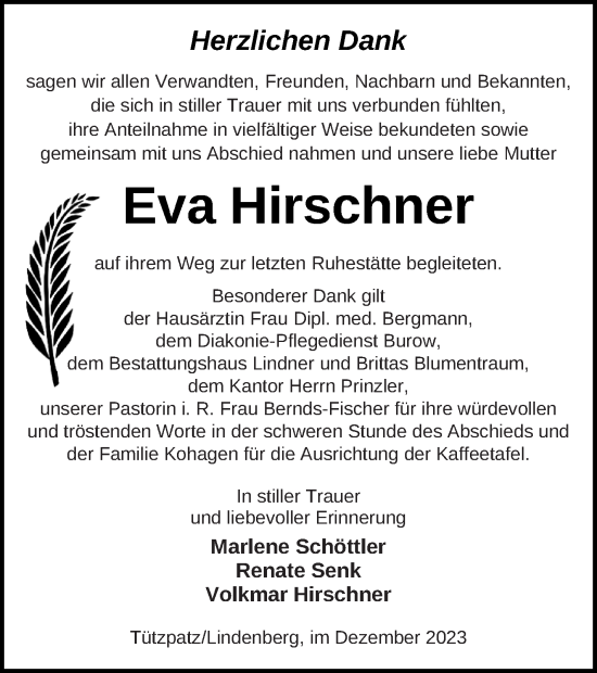 Traueranzeige von Eva Hirschner von Neubrandenburger Zeitung