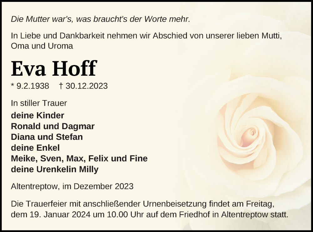  Traueranzeige für Eva Hoff vom 10.01.2024 aus Neubrandenburger Zeitung