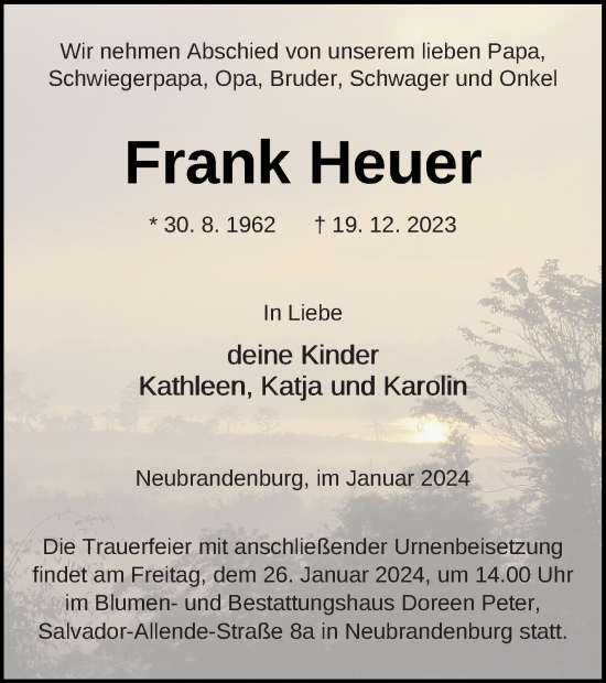 Traueranzeige von Frank Heuer von Neubrandenburger Zeitung
