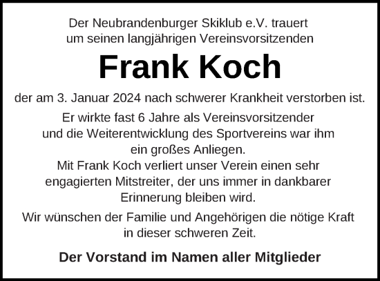 Traueranzeige von Frank Koch von Neubrandenburger Zeitung