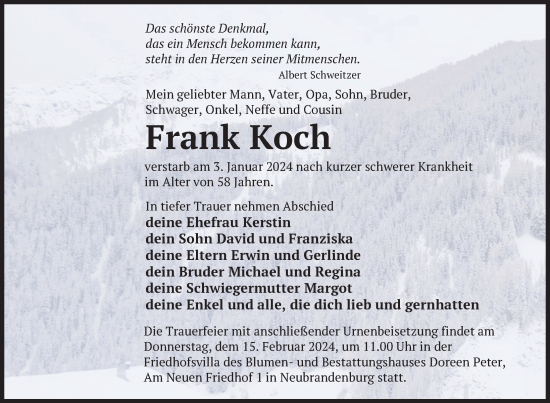 Traueranzeige von Frank Koch von Neubrandenburger Zeitung