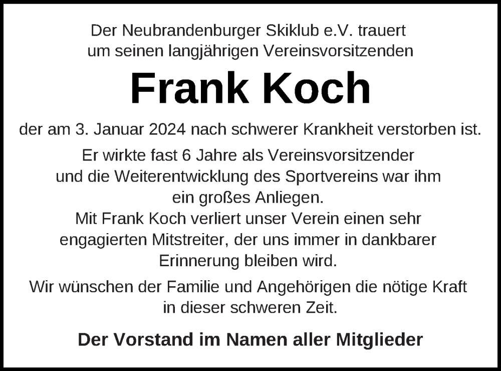  Traueranzeige für Frank Koch vom 13.01.2024 aus Neubrandenburger Zeitung