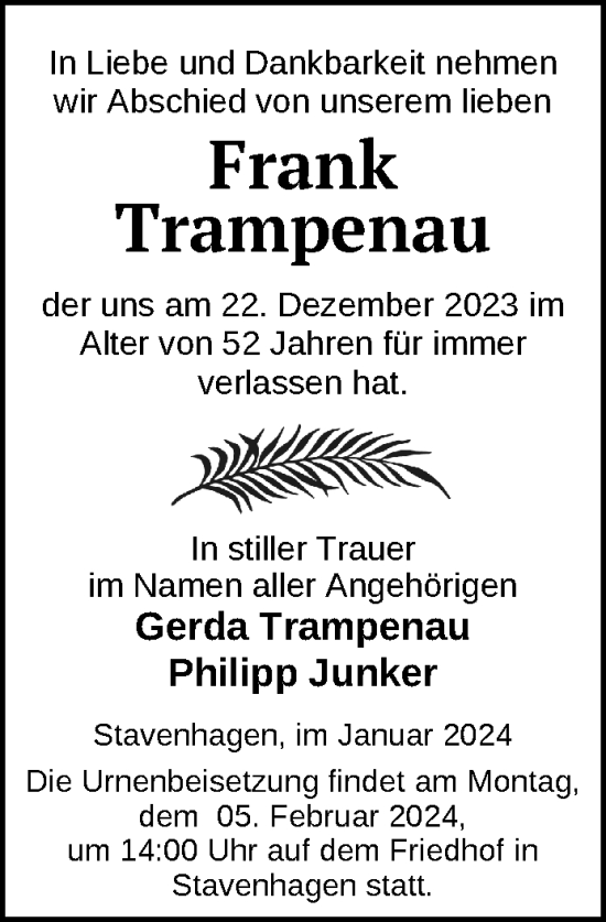 Traueranzeige von Frank Trampenau von Nordkurier Mecklenburger Schweiz