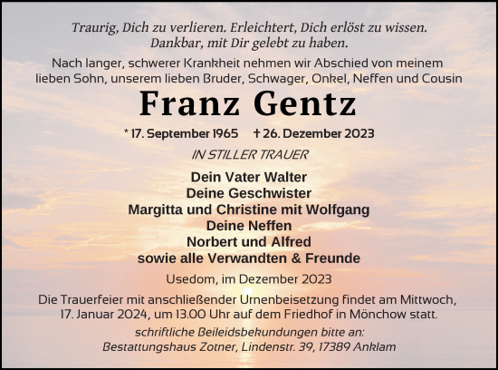 Traueranzeige von Franz Gentz von Vorpommern Kurier