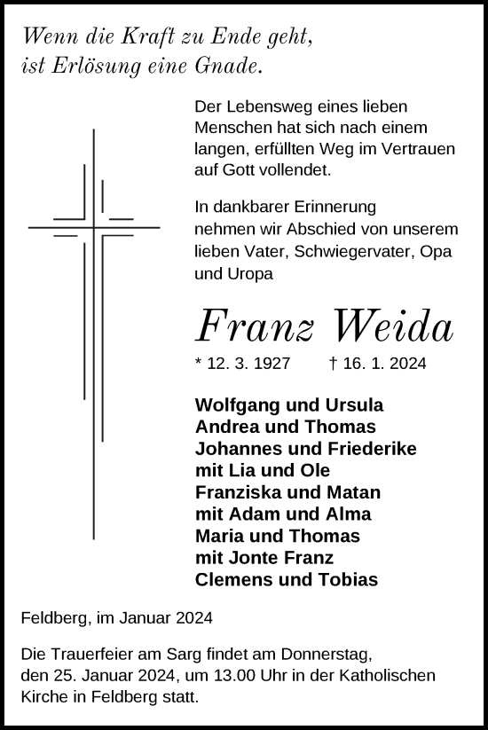 Traueranzeige von Franz Weida von Strelitzer Zeitung