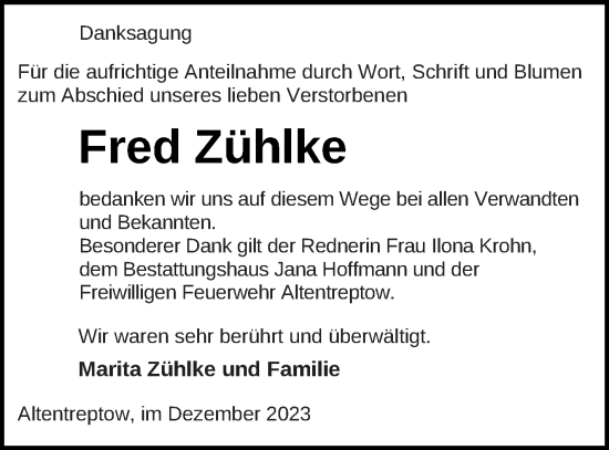 Traueranzeige von Fred Zühlke von Neubrandenburger Zeitung