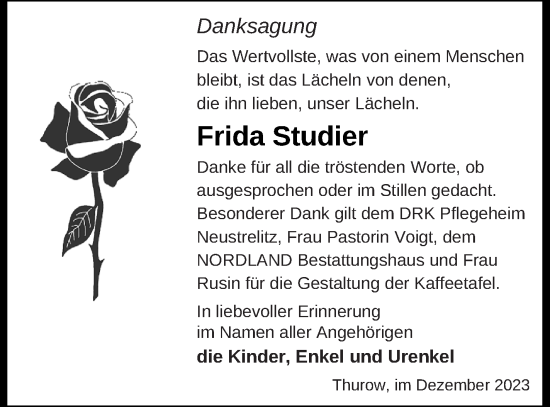 Traueranzeige von Frida Studier von Strelitzer Zeitung