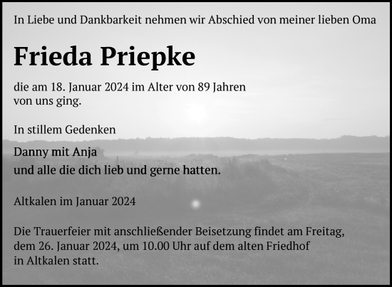 Traueranzeige von Frieda Priepke von Mecklenburger Schweiz