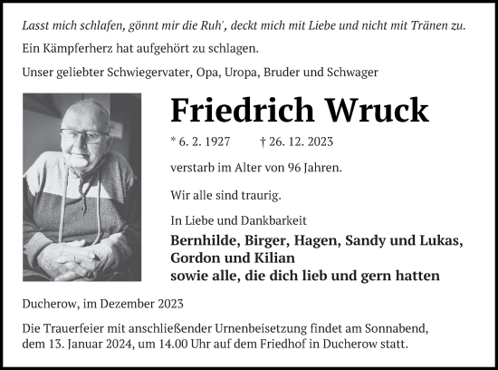 Traueranzeige von Friedrich Wruck von Vorpommern Kurier