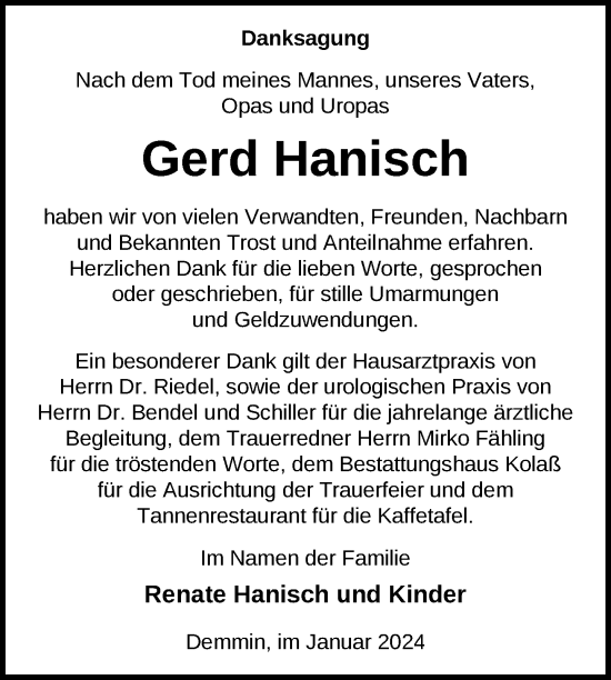 Traueranzeige von Gerd Hanisch von Demminer Zeitung