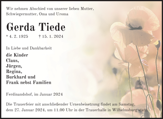 Traueranzeige von Gerda Tiede von Haff-Zeitung