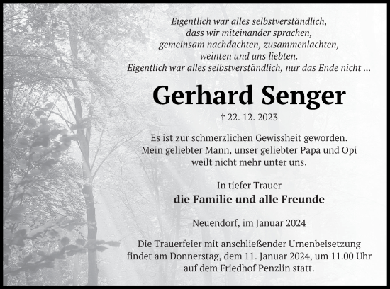 Traueranzeige von Gerhard Senger von Haff-Zeitung