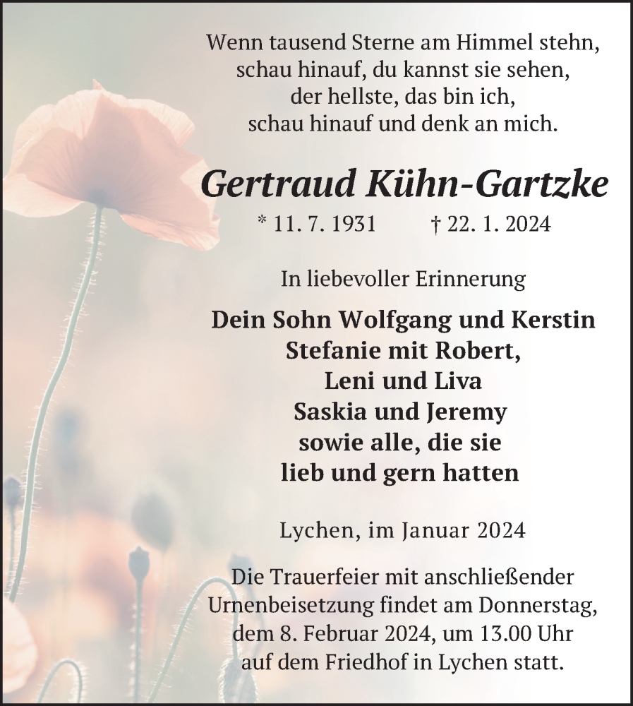  Traueranzeige für Gertraud Kühn-Gartzke vom 26.01.2024 aus Uckermark Kurier Templiner Zeitung