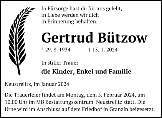 Traueranzeige von Gertrud Bützow von Strelitzer Zeitung