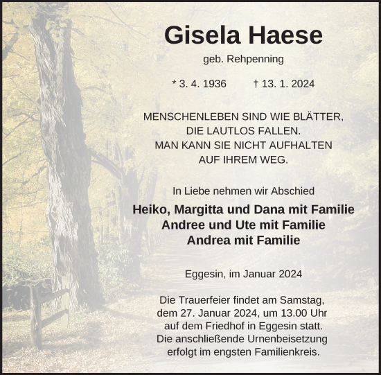 Traueranzeige von Gisela Haese von Haff-Zeitung