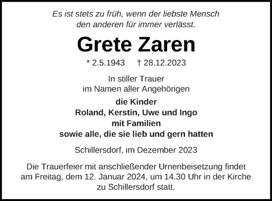 Traueranzeige von Grete Zaren von Strelitzer Zeitung