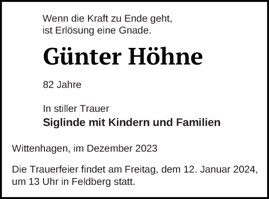 Traueranzeige von Günter Höhne von Strelitzer Zeitung