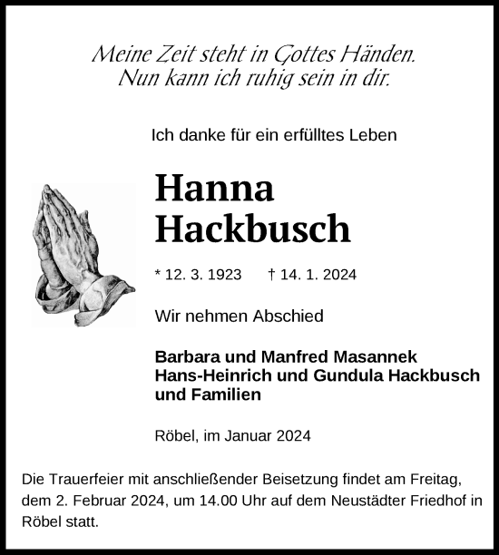 Traueranzeige von Hanna Hackbusch von  Müritz-Zeitung