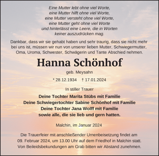 Traueranzeige von Hanna Schönhof von Nordkurier Mecklenburger Schweiz