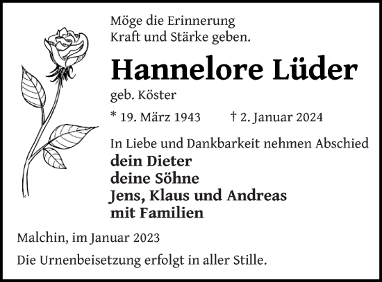 Traueranzeige von Hannelore Lüder von Mecklenburger Schweiz