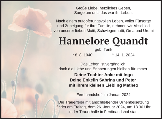 Traueranzeige von Hannelore Quandt von Haff-Zeitung