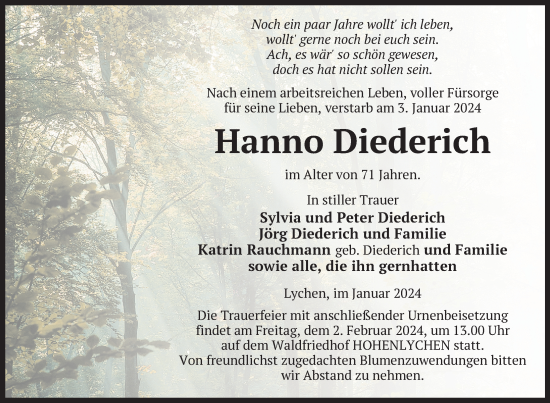 Traueranzeige von Hanno Diederich von Uckermark Kombination / Templiner Zeitung