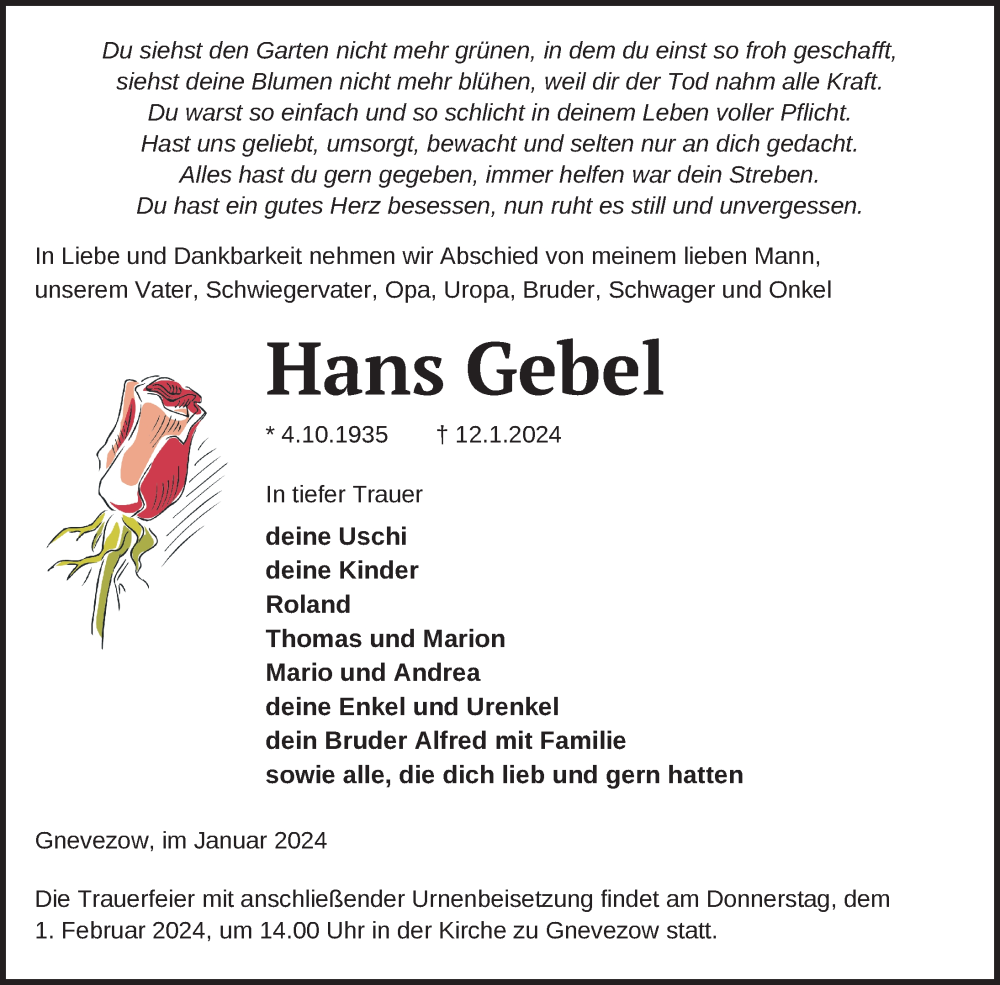  Traueranzeige für Hans Gebel vom 17.01.2024 aus Demminer Zeitung