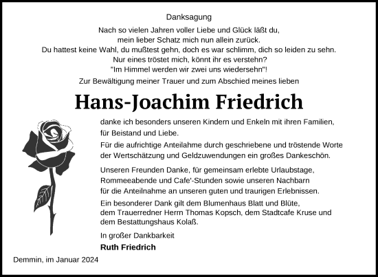 Traueranzeige von Hans-Joachim Friedrich von Demminer Zeitung