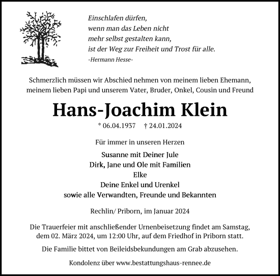 Traueranzeige von Hans-Joachim Klein von Nordkurier Müritz-Zeitung