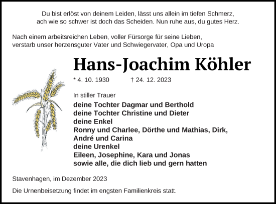 Traueranzeige von Hans-Joachim Köhler von Demminer Zeitung