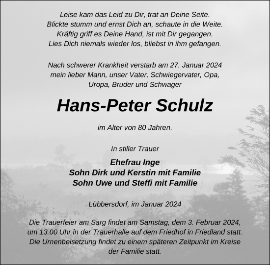 Traueranzeige von Hans-Peter Schulz von Nordkurier Neubrandenburger Zeitung