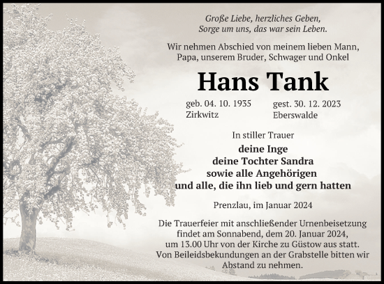 Traueranzeige von Hans Tank von Prenzlauer Zeitung