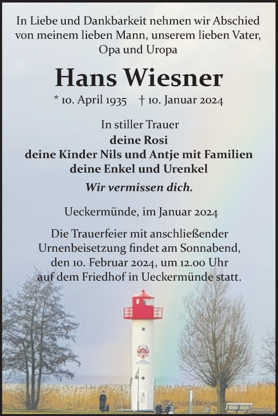 Traueranzeige von Hans Wiesner von  Haff-Zeitung