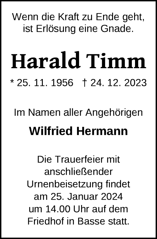 Traueranzeige von Harald Timm von  Mecklenburger Schweiz