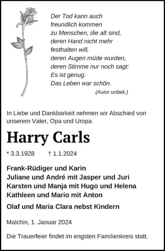 Traueranzeige von Harry Carls von Mecklenburger Schweiz