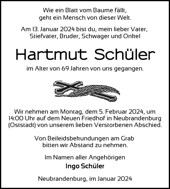 Traueranzeige von Hartmut Schüler von Neubrandenburger Zeitung