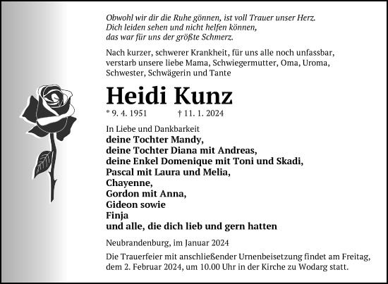 Traueranzeige von Heidi Kunz von Neubrandenburger Zeitung
