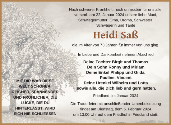 Traueranzeige von Heidi Saß von Nordkurier Neubrandenburger Zeitung