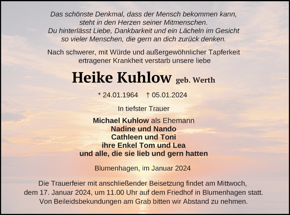  Traueranzeige für Heike Kuhlow vom 10.01.2024 aus Haff-Zeitung